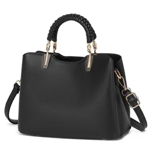 Classic black leather handbag for women, spacious commuter tote bag with braided handle.