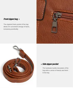 Brown vintage style motorcycle shoulder bag detail shot with zipper pockets and straps.