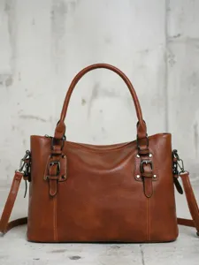 Vintage brown leather tote bag for women, stylish large capacity shoulder handbag for daily work.