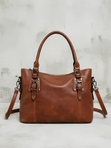 Vintage brown leather handbag, retro shoulder tote bag, casual commuter crossbody bag.