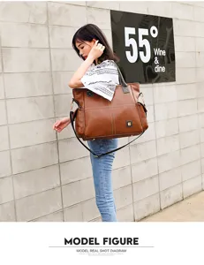 Classic brown PU leather tote bag, large capacity retro shoulder bag with crossbody strap.