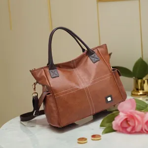 Classic brown leather tote bag, large capacity crossbody shoulder bag for daily work.