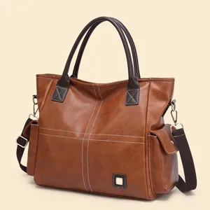Retro Brown PU Leather Tote Bag Large Capacity Casual Handbag Commuter Shoulder Bag