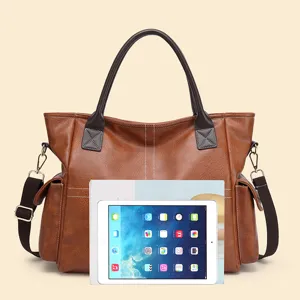 Large capacity brown PU leather tote bag versatile retro shoulder bag for women daily commuting