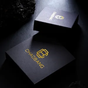 Luxury black jewelry storage gift box with gold foil logo and elegant minimalist design.