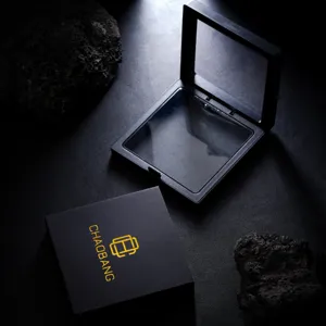 Minimalist black jewelry storage display box with clear suspension film anti-oxidation.