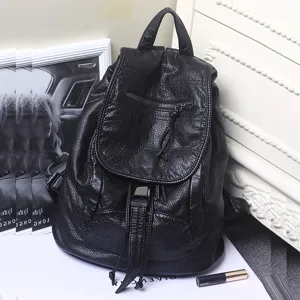 Black soft leather backpack for women, casual vintage travel daypack with drawstring.