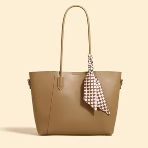 Women Large Capacity Tote Bag PU Leather Handbag Casual Commuter Shoulder Bag With Chic Plaid Scarf Decoration