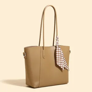 Classic minimalist large capacity tote bag for women with stylish scarf decoration daily use.