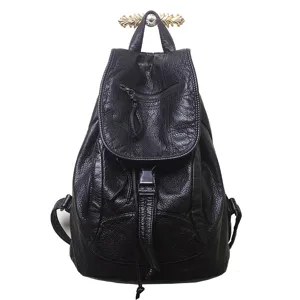 Black washed soft leather women backpack casual travel school bag with front zipper pocket.