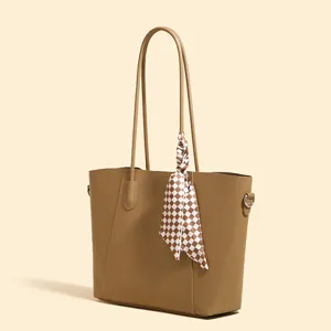 Classic minimalist khaki tote bag for women with chic checkered scarf, large capacity
