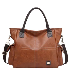 Vintage large capacity brown leather tote bag, casual commuter shoulder crossbody bag.