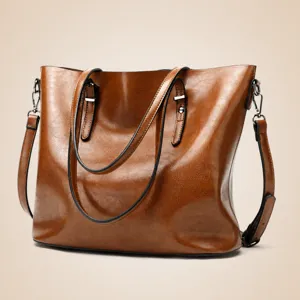 Bolso tote marrón de cuero encerado de gran capacidad, elegante bolso de mano para mujer.