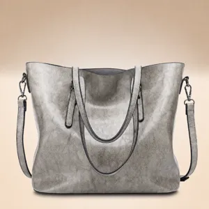 Bolso tote gris de piel para mujer, elegante bolso de hombro grande con asas dobles.