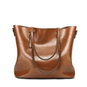 Elegant brown waxed leather tote bag, stylish large shoulder bag for women daily use.