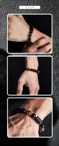 Men's beaded bracelet detail shot, featuring natural tiger eye stone and black obsidian beads.