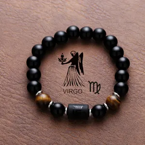 Zodiac bracelet featuring black obsidian beads, tiger eye stone, and Virgo charm detail.