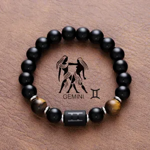 Gemini Zodiac Beaded Bracelet Natural Black Stone Tiger Eye Luxury Fashion Jewelry Gift
