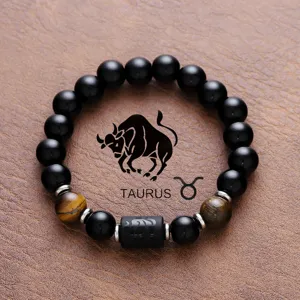 Taurus zodiac sign black obsidian beaded bracelet with tiger eye gemstone for men and women.