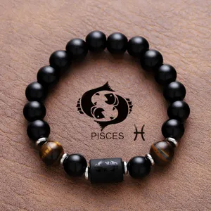 Pisces zodiac bracelet natural stone black beads luxury design fashion jewelry for men women