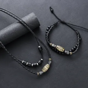 Set Collana e Bracciale in Corda Cerata Intrecciata con Perla Dzi Tibetana Retrò Gioielli Unisex Stile Etnico per Uomo Donna