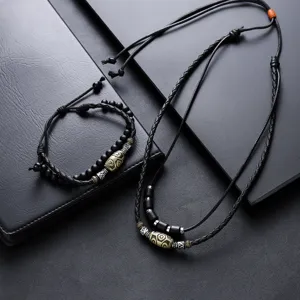 Set collana e bracciale in corda di cera intrecciata con perle Dzi tibetane retrò, gioielli.