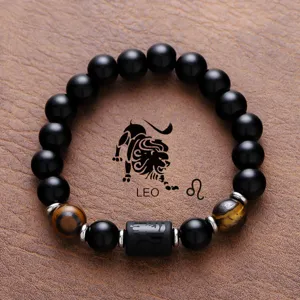 Men's Leo Zodiac Bead Bracelet Natural Tiger Eye Black Onyx Stone Charm Jewelry Gift