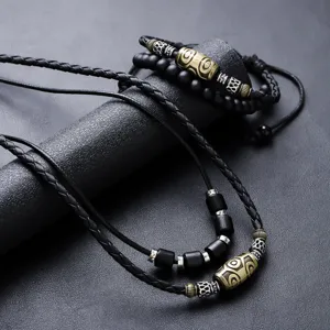 Set collana e bracciale in corda di pelle intrecciata con perla Dzi vintage per uomo donna