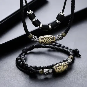 Collana etnica tibetana in pelle intrecciata perle rétro uomo gioiello accessorio moda