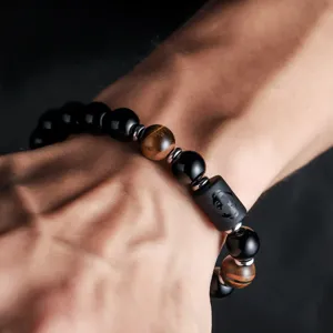 Men's natural stone beaded bracelet with tiger eye and metal spacers chic fashion jewelry