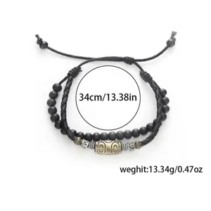 Bracciale in corda intrecciata nera retrò con ciondolo in perla Dzi metallica, gioiello unisex vintage.