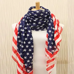 American flag pattern fashion chiffon scarf, lightweight and stylish draped accessory.
