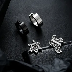 Titanstahl Creolen Set gothische Punk Kreuz Ohrringe fuer Herren und Damen Modeschmuck
