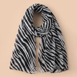 Pañuelo largo de gasa de moda con estampado de cebra negro y blanco para mujer elegante