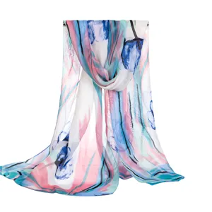 Women Floral Print Chiffon Scarf Lightweight Summer Sunscreen Beach Shawl Fashion Long Scarf For Ladies