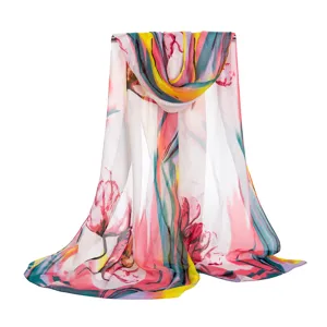 Detailed view of the colorful floral chiffon scarf, lightweight fabric for summer and spring wear.