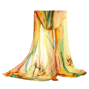 Yellow floral chiffon scarf shawl for women summer sun protection beach wrap detail view.