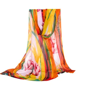 Chiffon floral scarf detail shot, elegant drape summer sun protection beach shawl for women