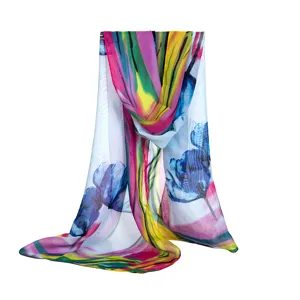 Colorful Floral Chiffon Scarf Women Summer Beach Shawl Lightweight Sunscreen Long Wraps