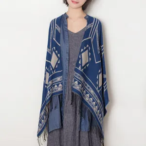 Autumn winter geometric pattern tassel knitted shawl cape versatile women fashion clothing detail