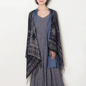 Autumn winter women geometric pattern tassel shawl cape stylish warm casual outerwear poncho wrap