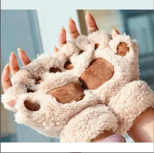 Gants d'hiver mignons patte de chat moelleux, mitaines en peluche chaudes et douces.