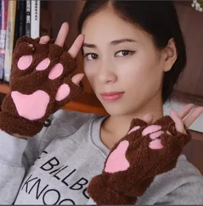 Gants demi-doigts patte de chat en peluche marron et rose, accessoire chaud d'hiver.