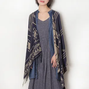 Autumn winter geometric pattern tassel shawl casual cloak versatile warm outer wear for women