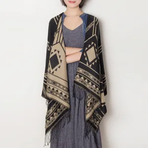Fall winter women geometric knit tassel shawl cape wrap, cozy warm oversized blanket poncho.