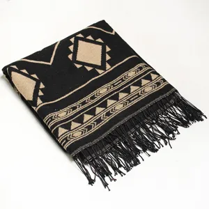 Black geometric pattern fringe shawl cozy winter warm scarf fashion women poncho wrap