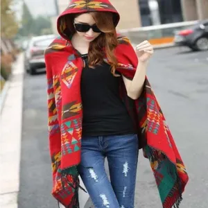 Ethnic style hooded geometric pattern poncho cape, comfortable winter warm knitted shawl scarf.