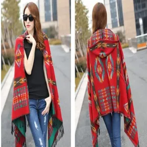 Women hooded geometric pattern knitted cape shawl winter warm fringe poncho cloak