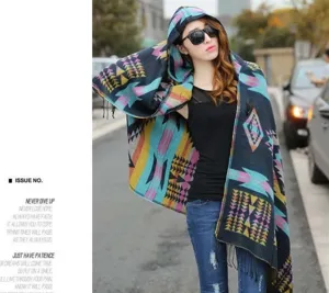 Ethnic style hooded cloak shawl for women, thick winter caped scarf with buttons.