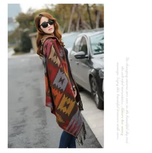 Hooded ethnic style shawl cape with buttons and fringe, perfect for autumn warmth or daily wear.